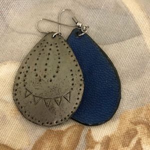 Noonday earrings. Silver with blue leather backing